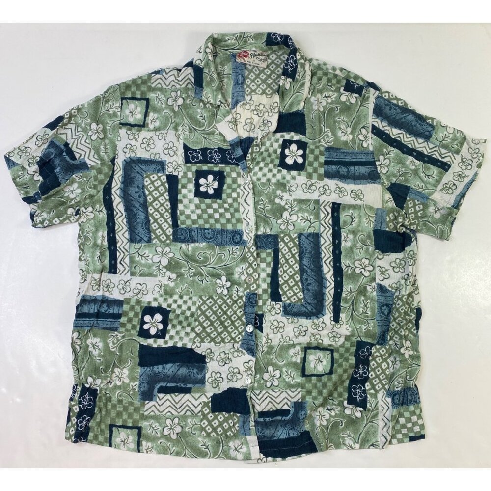 Hilo Hatties Womens Hawaiian Aloha Shirt Medium Tropical Teal Floral Hawaii Top